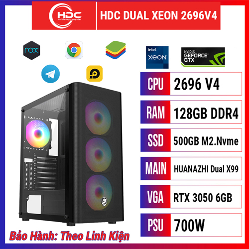PC HDC DUAL XEON CPU 2696 V4 – RAM ECC 128GB DDR4 – SSD 500GB M.2 – MAIN X99 DUAL Huananzhi  - VGA RTX 3050 6GB